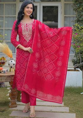 Red Printed Silk Kurta Set
