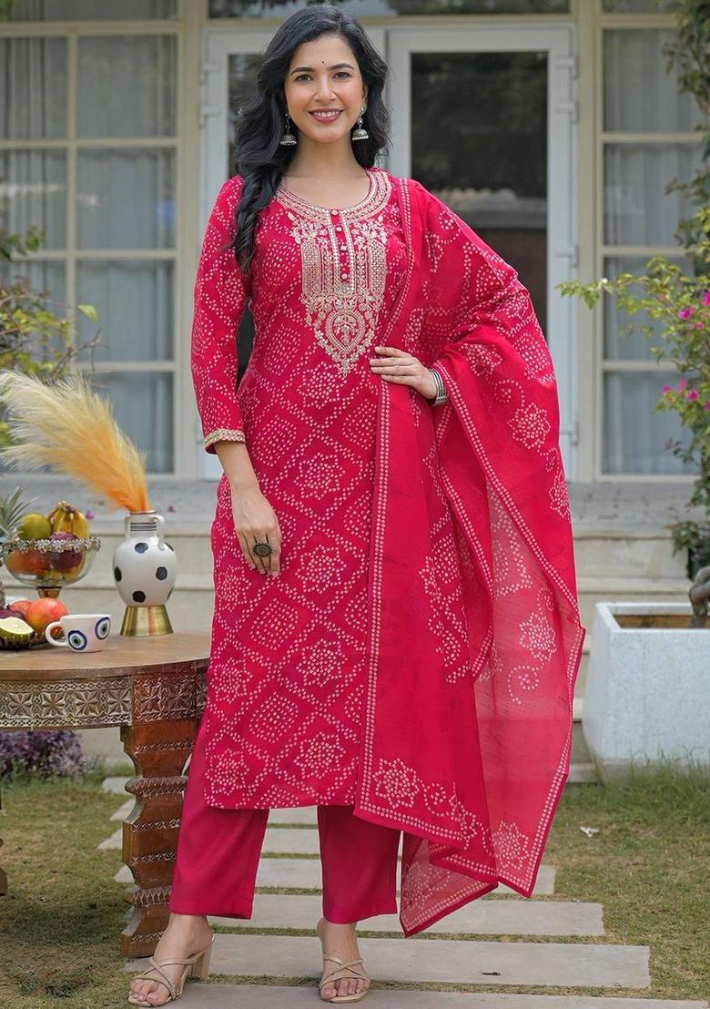 Red Printed Silk Kurta Set - Indya