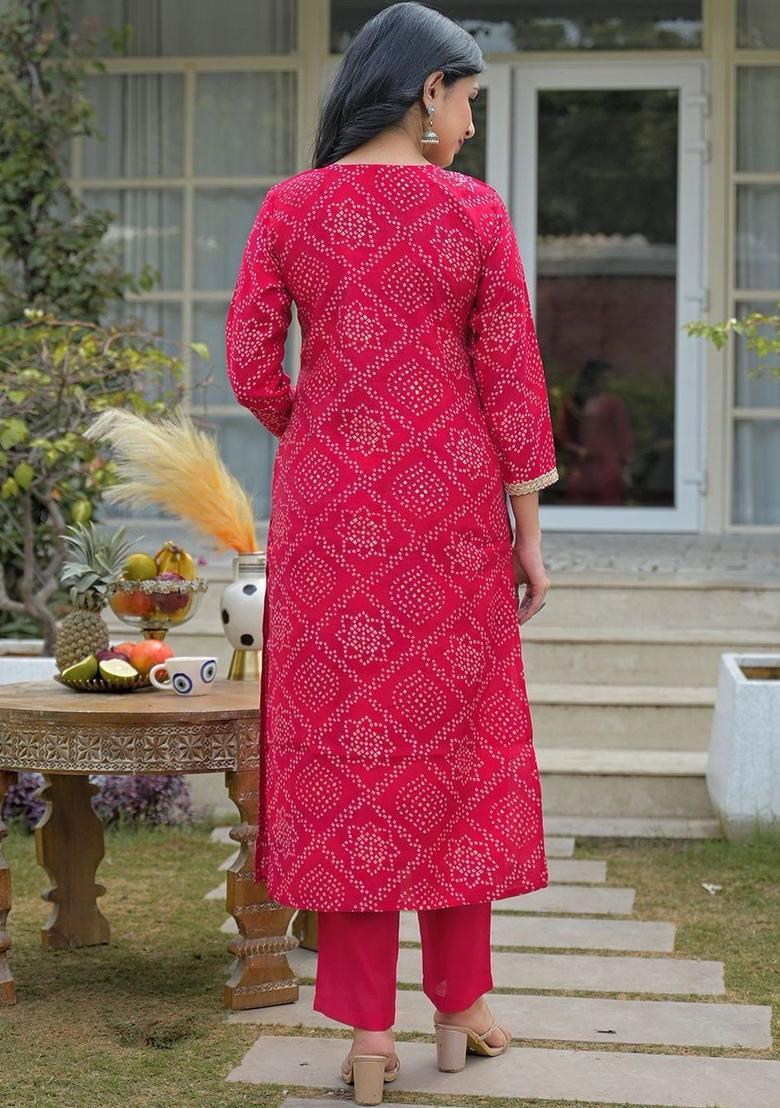 Red Printed Silk Kurta Set - Indya