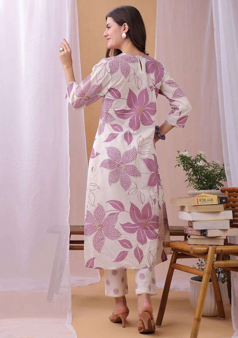 Purple Printed Cotton Kurta Set - Indya