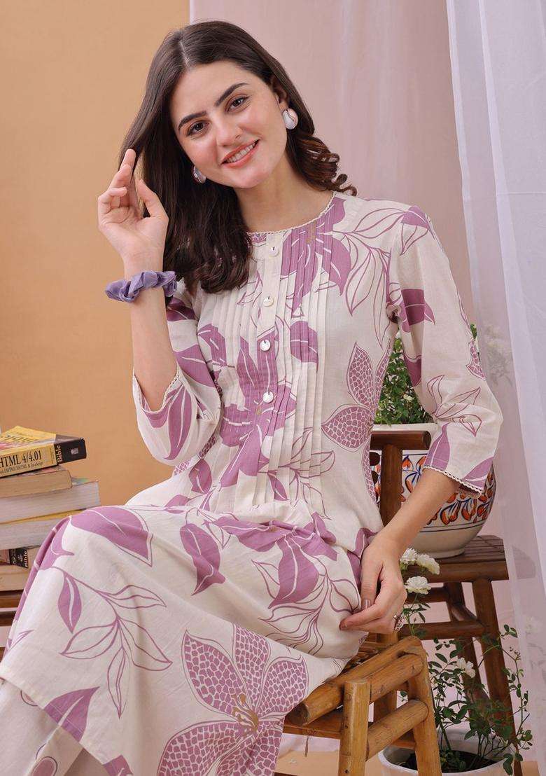 Purple Printed Cotton Kurta Set - Indya