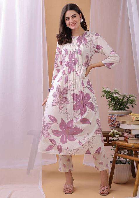 Purple Printed Cotton Kurta Set