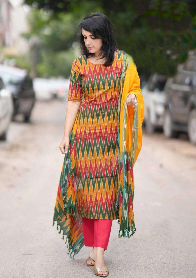 Yellow Printed Viscose Kurta Set - Indya
