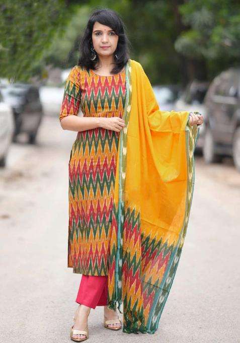 Yellow Printed Viscose Kurta Set
