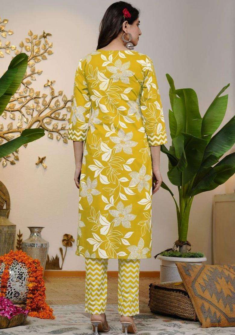Yellow Printed Cotton Kurta Set - Indya