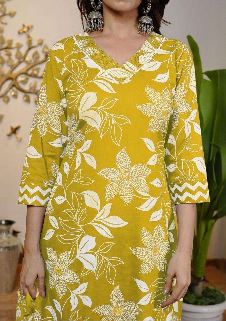 Yellow Printed Cotton Kurta Set - Indya