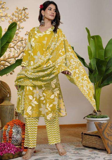 Yellow Printed Cotton Kurta Set
