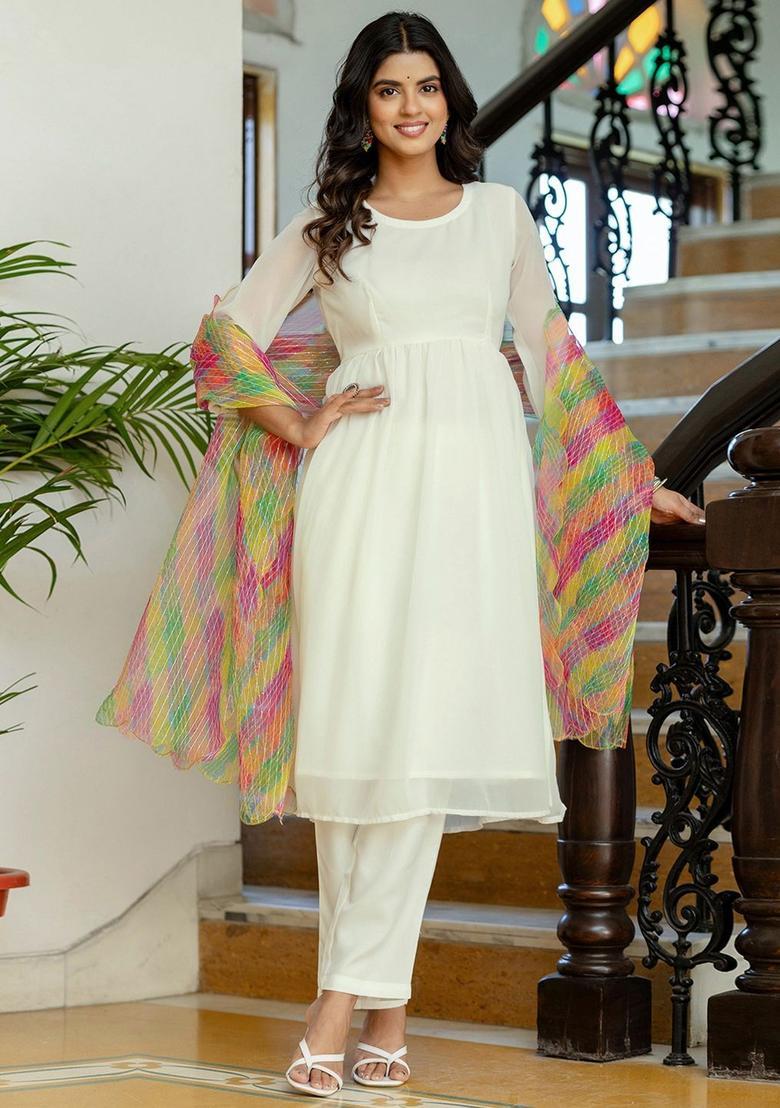 White Solid Georgette Kurta Set - Indya