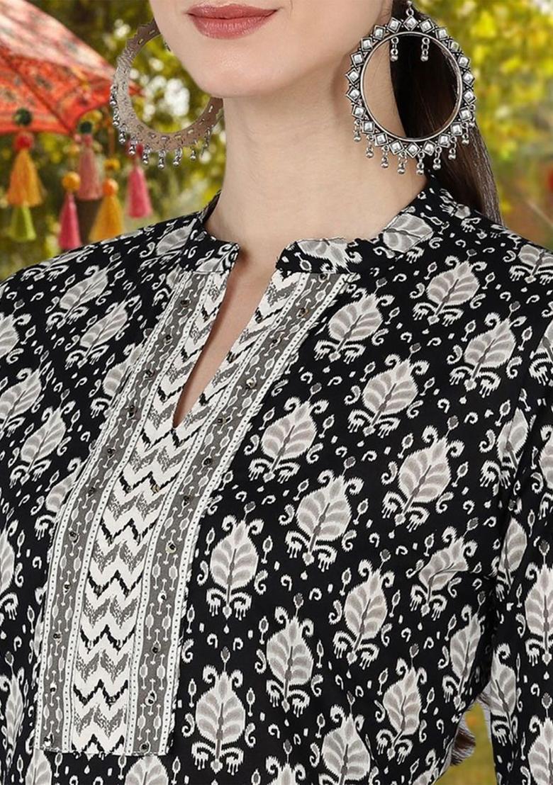 Black Printed Viscose Kurta Set - Indya