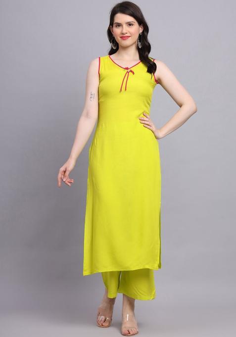 Green Solid Viscose Kurta Set — view on Indya