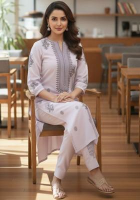 Purple Embroidered Viscose Kurta Set