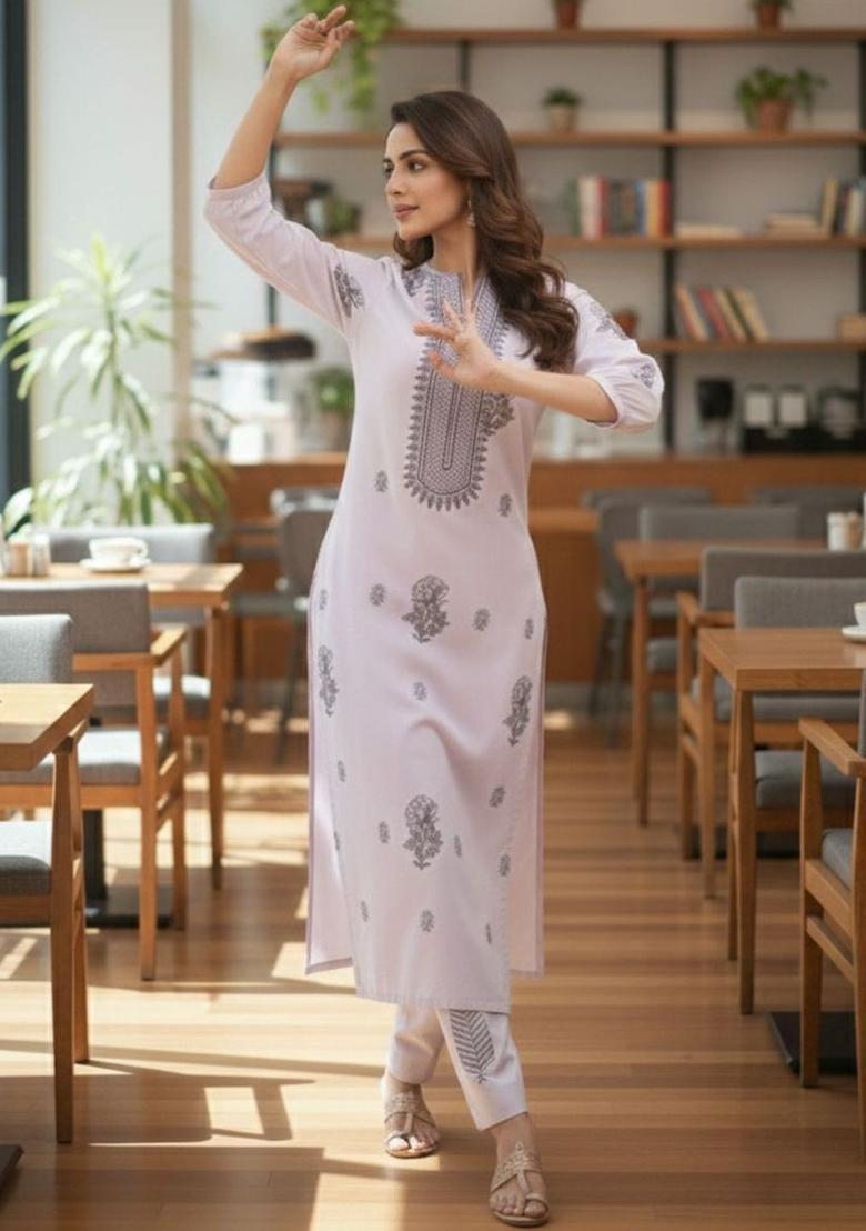 Purple Embroidered Viscose Kurta Set - Indya