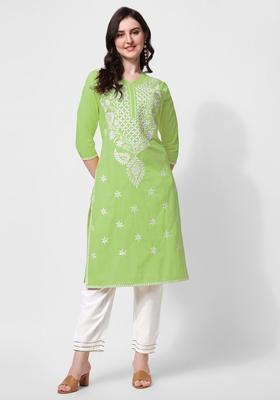 Green Embroidered Cotton Kurta Set