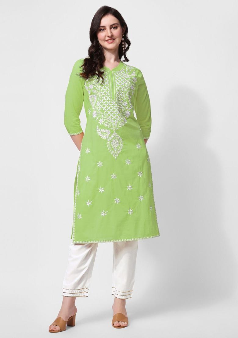 Green Embroidered Cotton Kurta Set - Indya