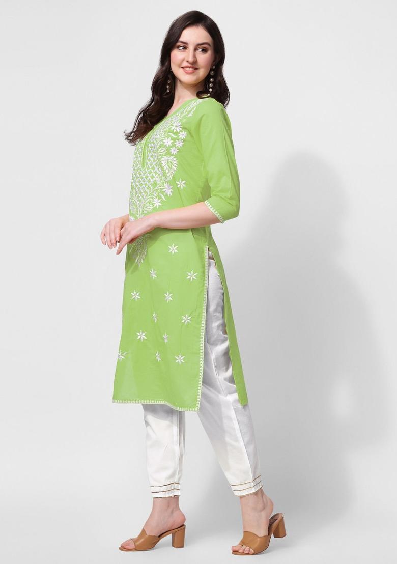 Green Embroidered Cotton Kurta Set - Indya