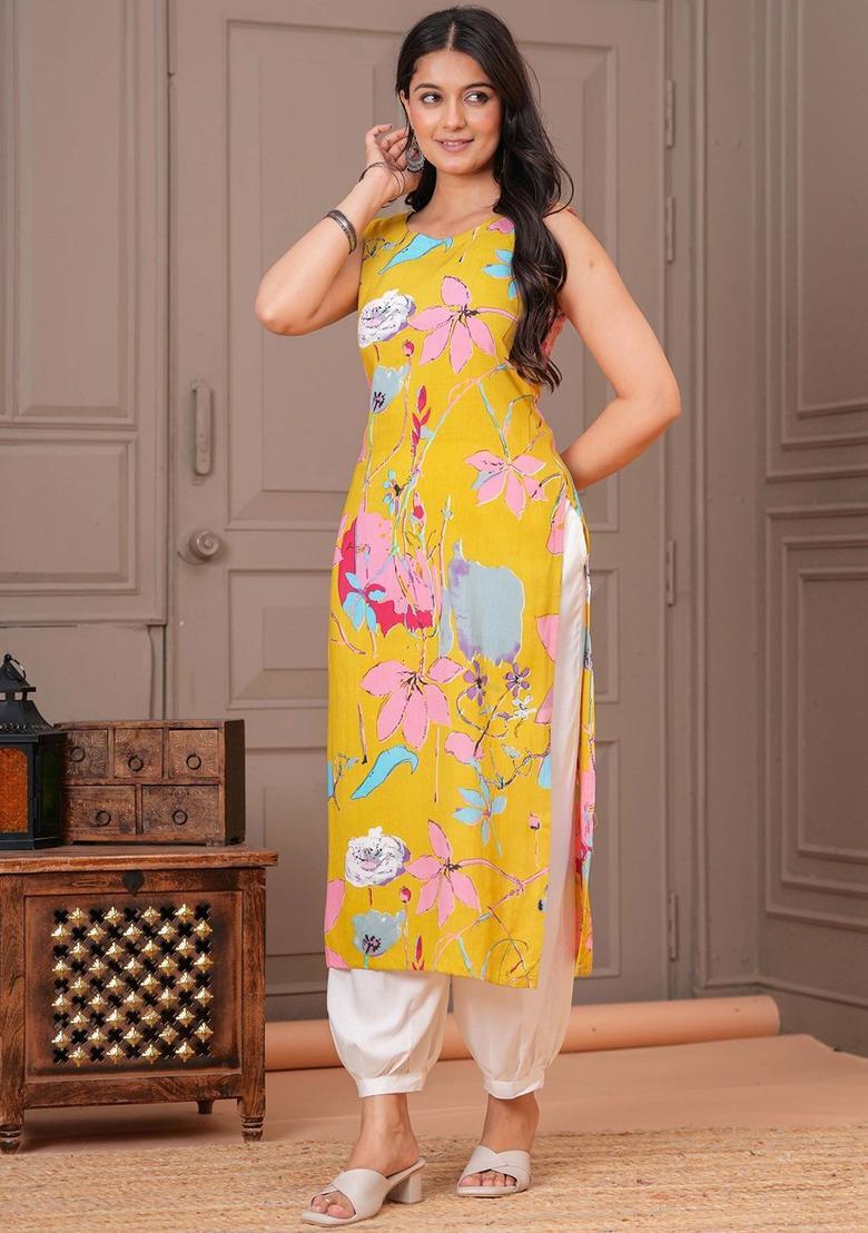 Yellow Printed Viscose Kurta Set - Indya
