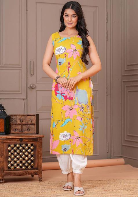Yellow Printed Viscose Kurta Set — view on Indya