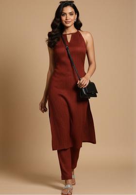 Maroon Woven Design Silk Kurta Set