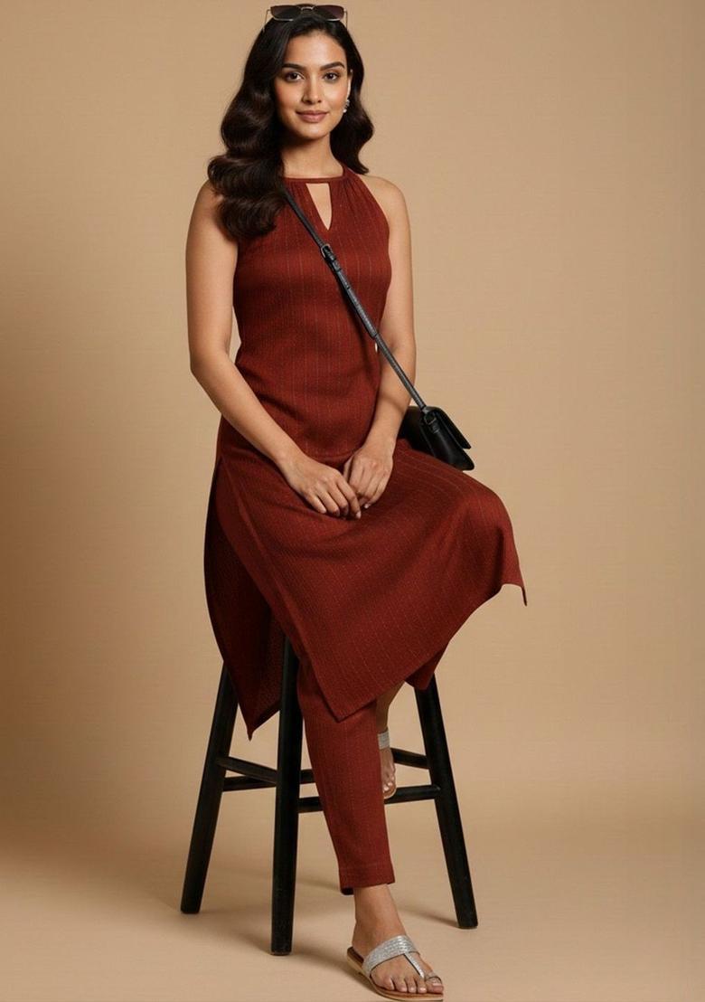 Maroon Woven Design Silk Kurta Set - Indya