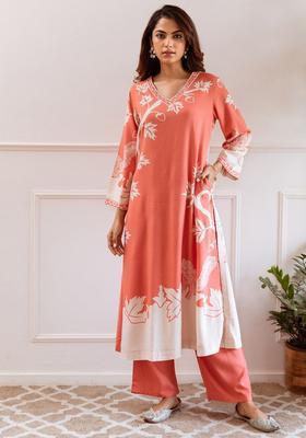 Peach Printed Viscose Kurta Set