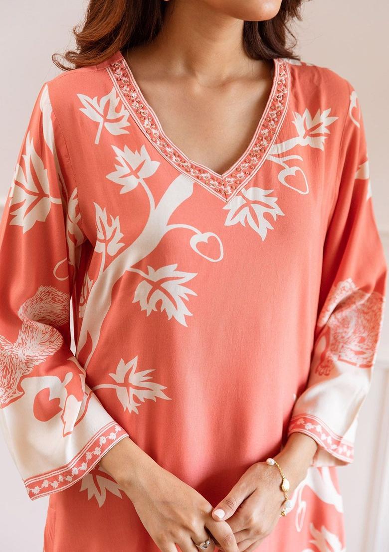 Peach Printed Viscose Kurta Set - Indya