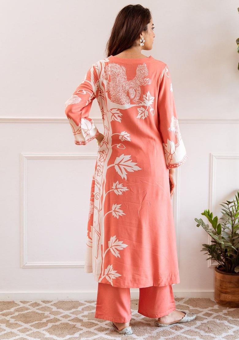 Peach Printed Viscose Kurta Set - Indya