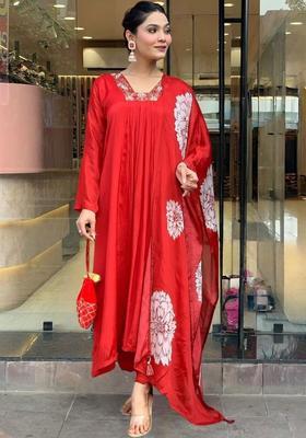 Red Embroidered Chinon Kurta Set