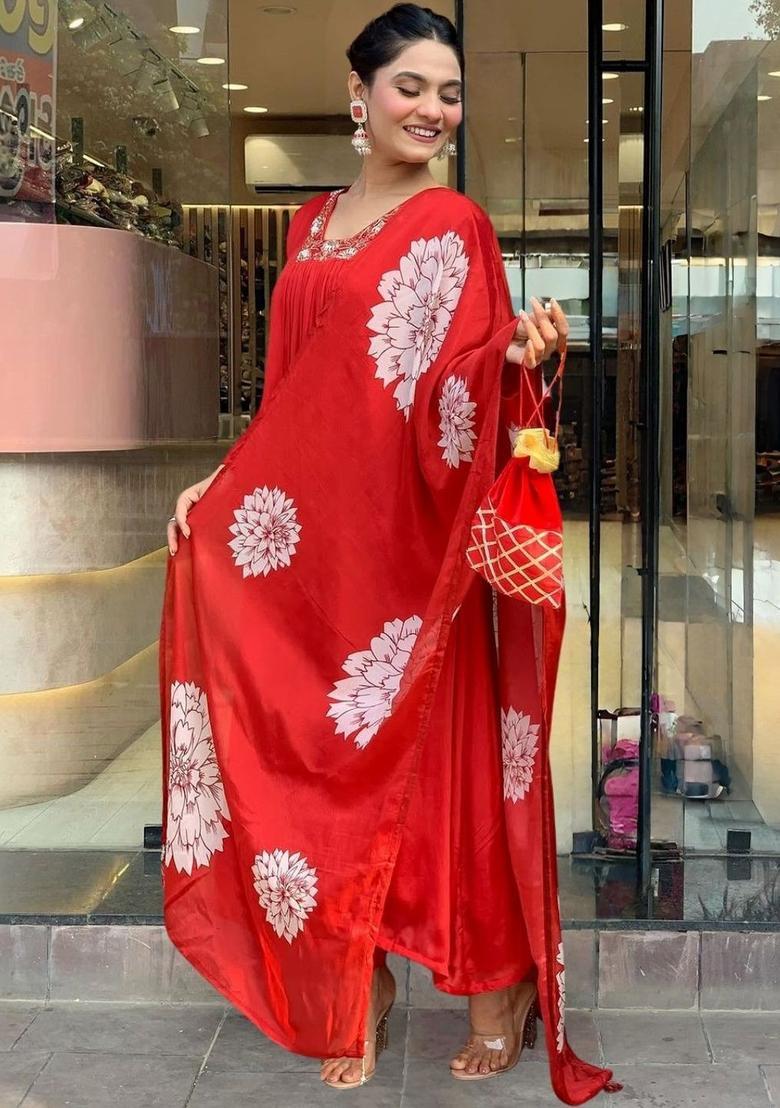 Red Embroidered Chinon Kurta Set - Indya