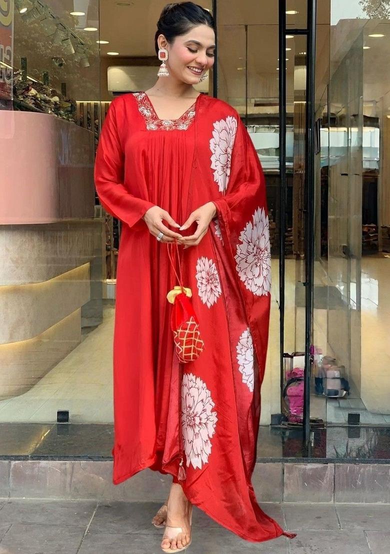 Red Embroidered Chinon Kurta Set - Indya