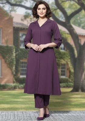 Purple Self Design Silk Blend Kurta Set