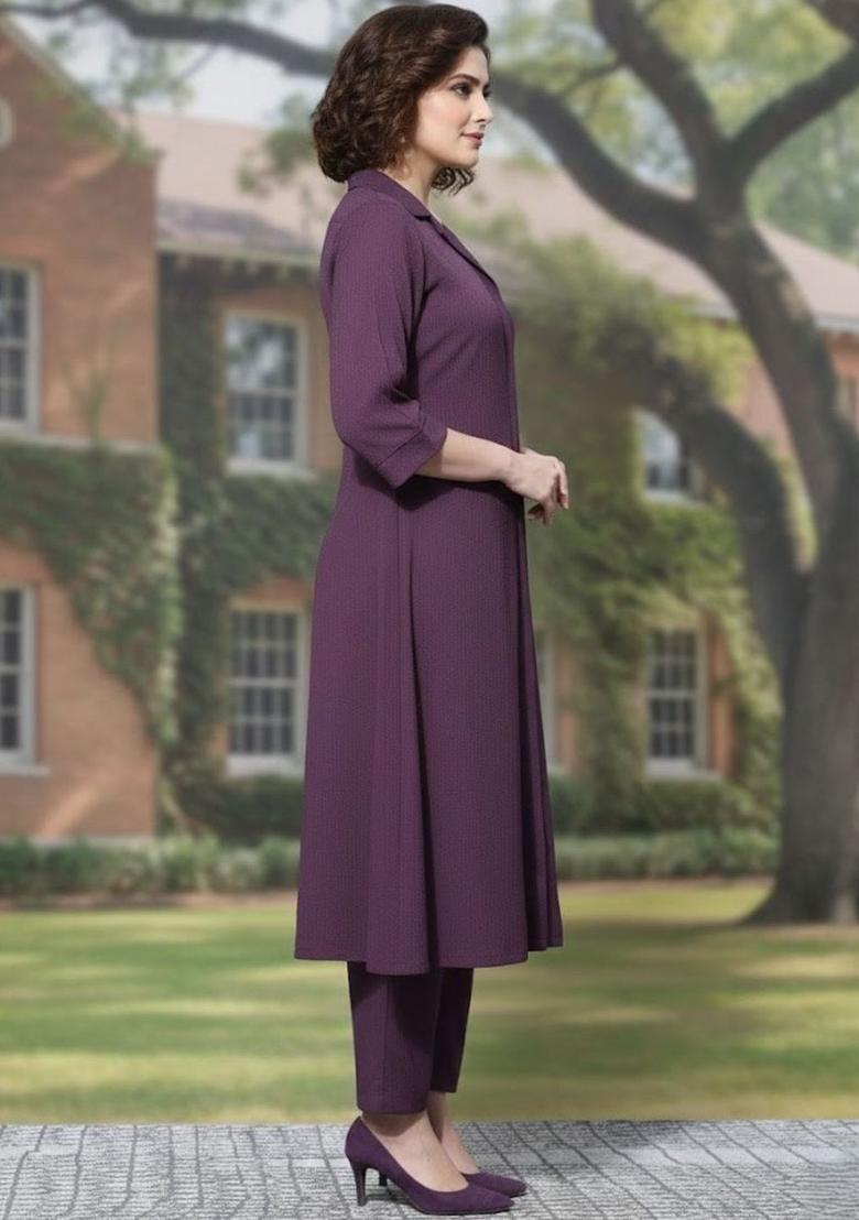 Purple Self Design Silk Kurta Set - Indya