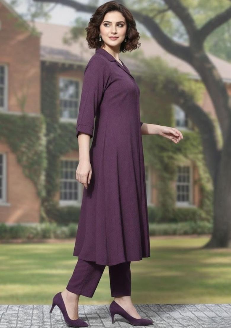 Purple Self Design Silk Kurta Set - Indya