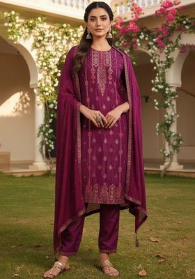 Purple Woven Design Silk Blend Kurta Set
