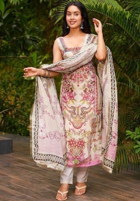 White Printed Crepe Kurta Set