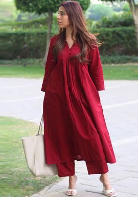 Maroon Solid Viscose Kurta Set