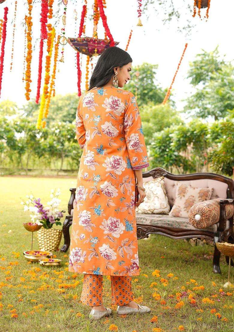 Orange Printed Cotton Kurta Set - Indya