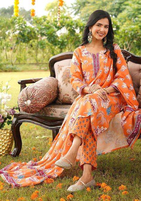 Orange Printed Cotton Kurta Set