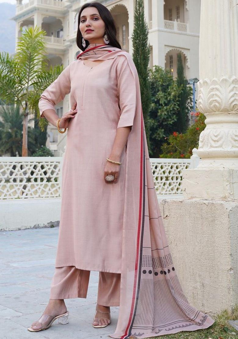 Pink Solid Viscose Kurta Set - Indya