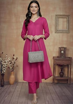 Purple Solid Cotton Kurta Set