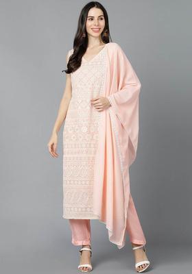 Peach Embroidered Georgette Kurta Set