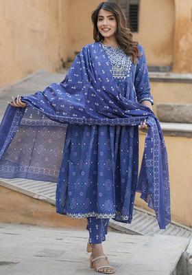 Blue Embroidered Cotton Kurta Set