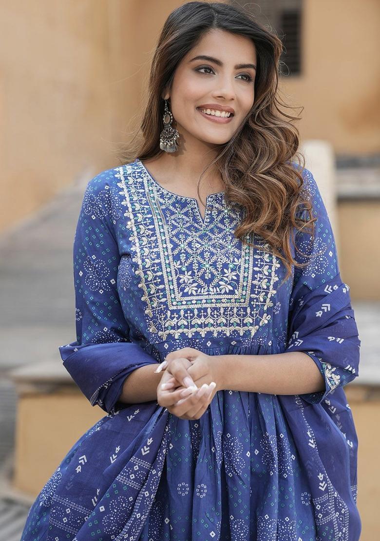 Blue Embroidered Cotton Kurta Set - Indya