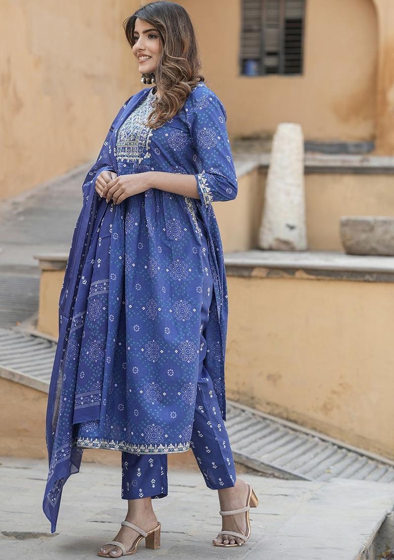 Blue Embroidered Cotton Kurta Set - Indya