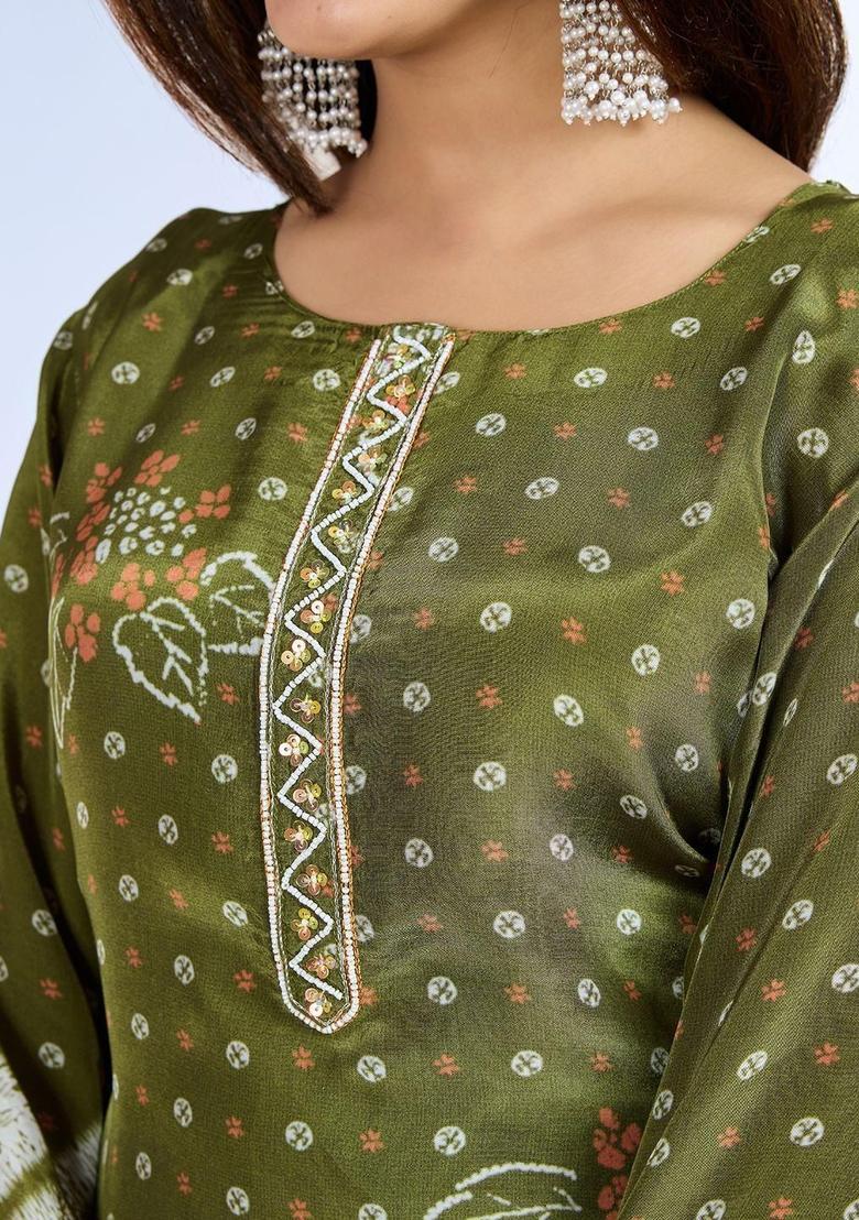 Olive Printed Viscose Kurta Set - Indya