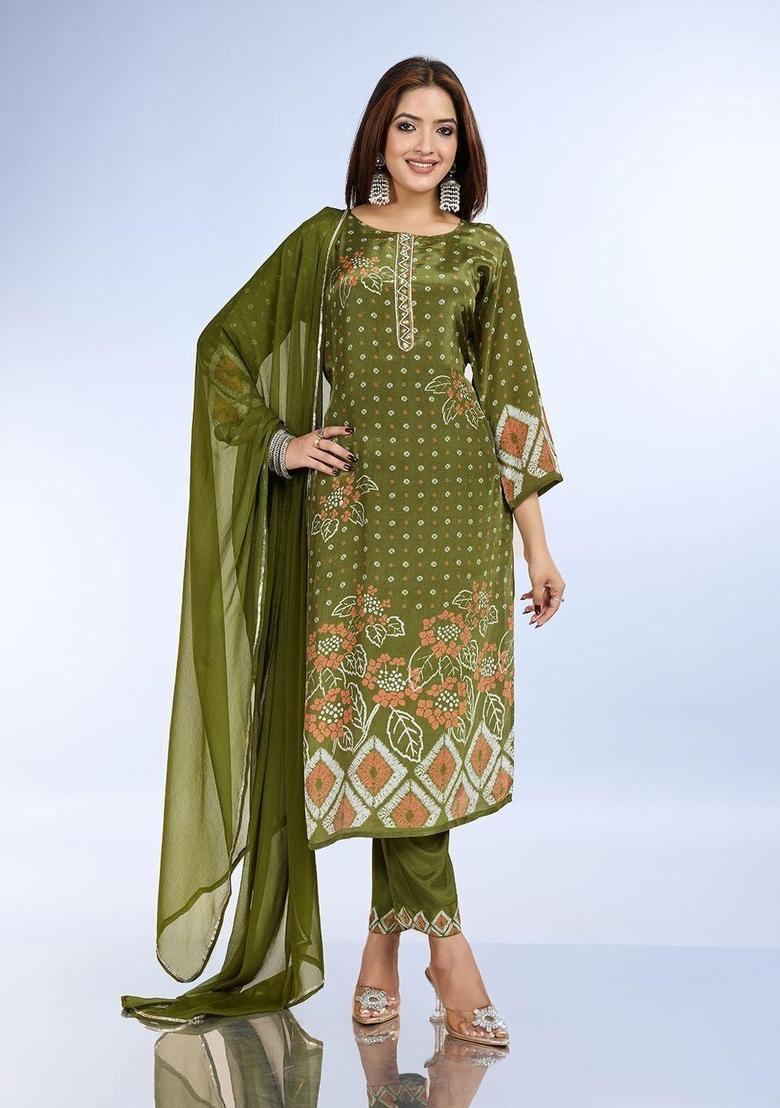Olive Printed Viscose Kurta Set - Indya
