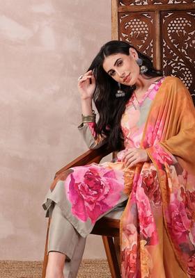 Olive Printed Viscose Kurta Set