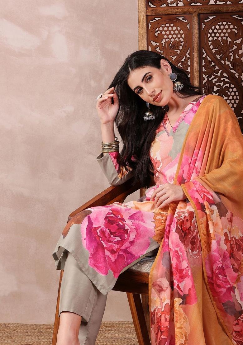 Olive Printed Viscose Kurta Set - Indya