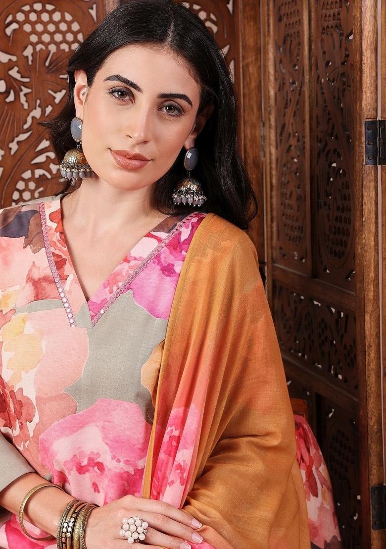 Olive Printed Viscose Kurta Set - Indya
