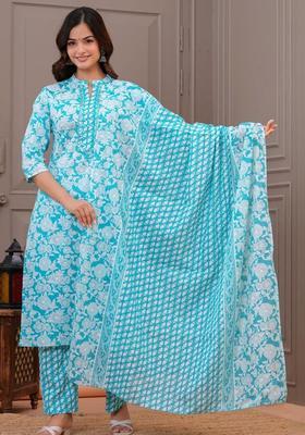 Blue Embroidered Cotton Kurta Set