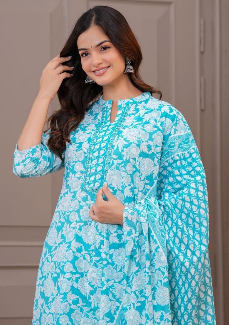 Blue Embroidered Cotton Kurta Set - Indya